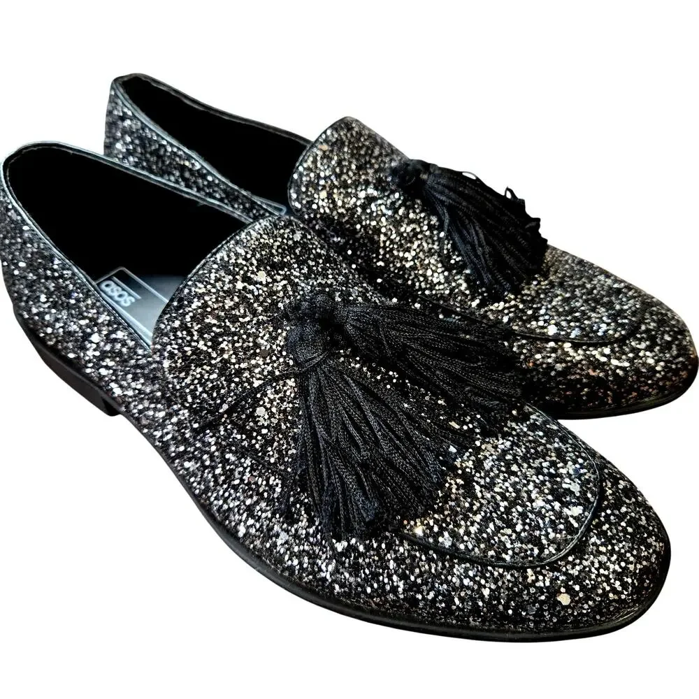 Asos 8 Men's Black Sparkle Tassel Dress Shoe Loafer Slip On Causal